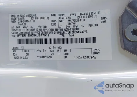 2019 Ford Ranger Xl из США, поврежденный, VIN 1FTER1EHXKLB17912